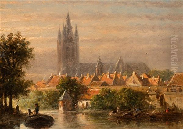 View Of Delft With The Oude Kerk In The Background Oil Painting by Pieter Gerardus Vertin