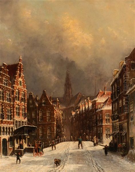 Throwing Snowballs On A Wintery Day In Haarlem Oil Painting by Pieter Gerardus Vertin