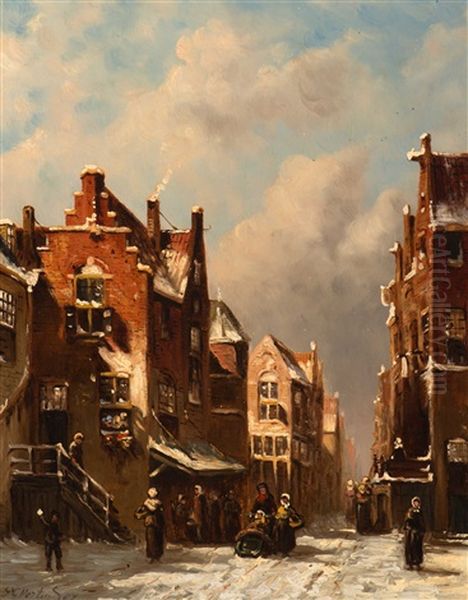 Winter In The Jewish Quarter, Amsterdam Oil Painting by Pieter Gerardus Vertin