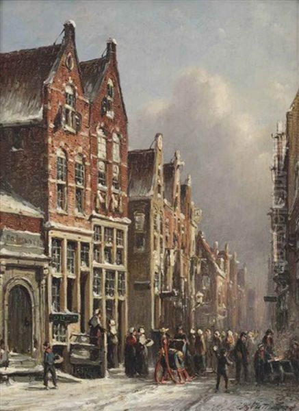 A Bustling Streetscene In Winter Oil Painting by Pieter Gerardus Vertin