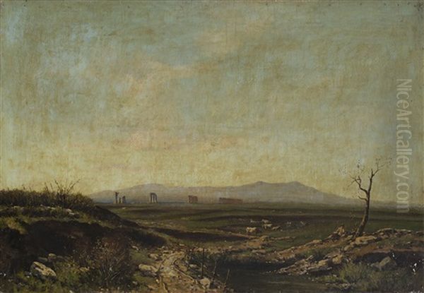 Scorcio Di Campagna Con Mucche Al Pascolo E Ruderi Oil Painting by Achille Vertunni