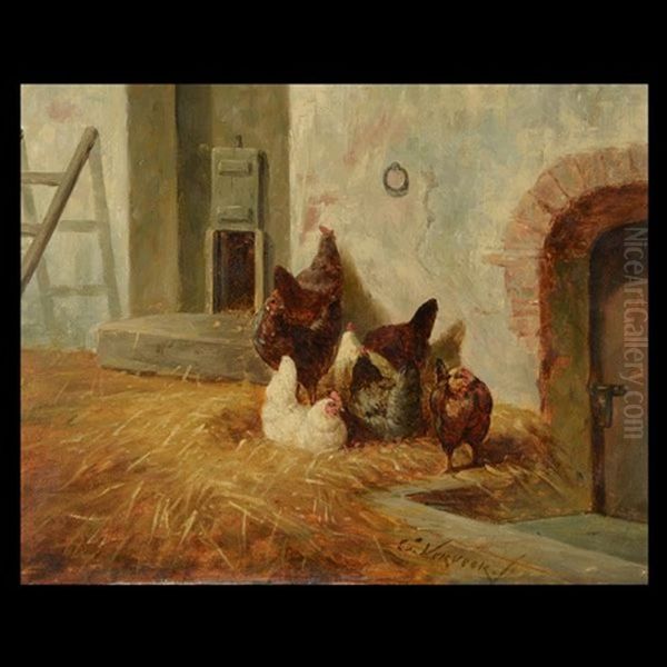 Chickens In The Yard Oil Painting by Elchanon Verveer