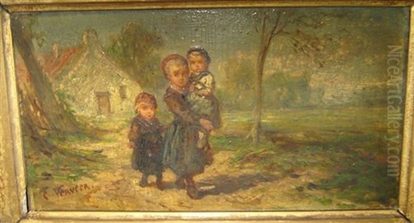 Mere Et Ses Deux Enfants Oil Painting by Elchanon Verveer