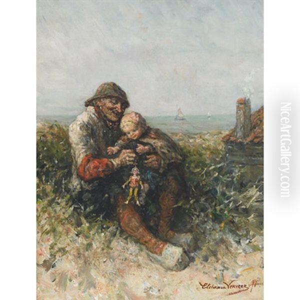 Little Girl On Grandfather's Knee Playing With A Doll Oil Painting by Elchanon Verveer