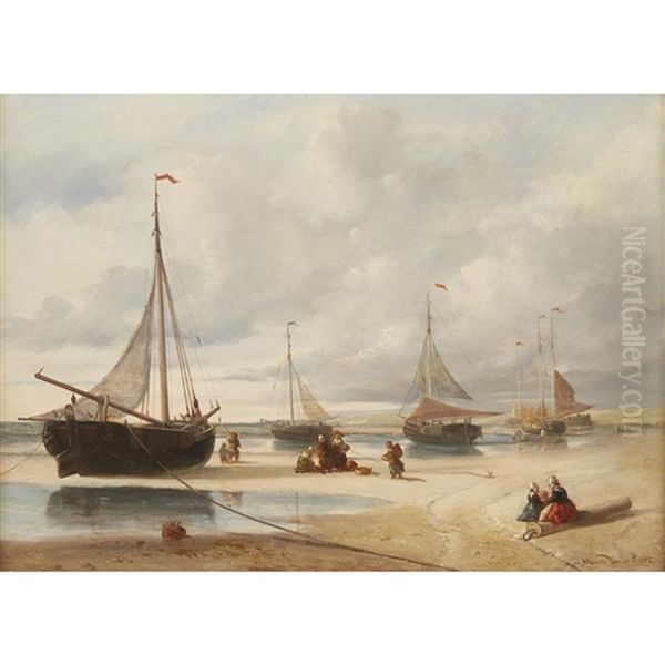 Fishing Boats At Low Tide Oil Painting by Maurits Verveer