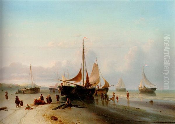 Moored Fishing Fleet On The Beach Of Scheveningen Oil Painting by Maurits Verveer