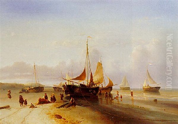 Fisherfolk Unloading The Catch Oil Painting by Maurits Verveer