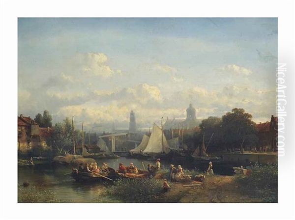 A Capriccio View Of Amsterdam With Figures Preparing For A Boattrip On A Sunny Day Oil Painting by Salomon Leonardus Verveer