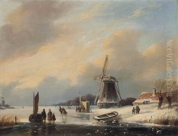 Skaters On A Frozen Canal Oil Painting by Salomon Leonardus Verveer