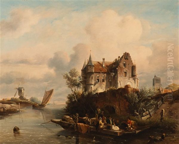 Dutch River Landscape With Ferry And Figures By A Castle Oil Painting by Salomon Leonardus Verveer