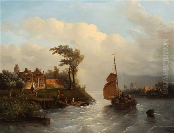 Dutch Riverview With Figures In Boats In Windy Weather Oil Painting by Salomon Leonardus Verveer