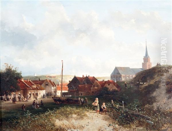 Zicht Op Het Vissersdorp Scheveningen Oil Painting by Salomon Leonardus Verveer