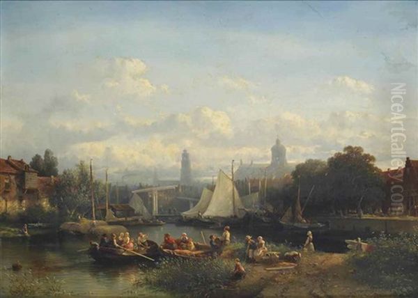 A Capriccio View Of Amsterdam With Figures Preparing For A Boattrip On A Sunny Day Oil Painting by Salomon Leonardus Verveer