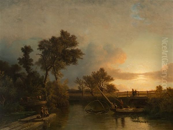 Evening Landscape With Children Fishing Oil Painting by Salomon Leonardus Verveer