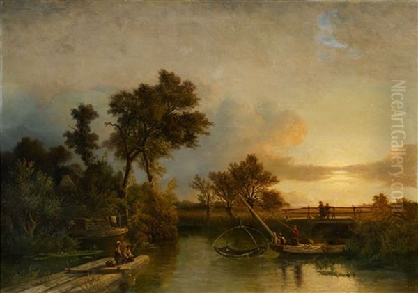 Evening Landscape With Chidren Fishing Oil Painting by Salomon Leonardus Verveer