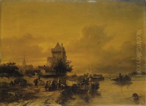 Scene Animee Au Bord D'un Fleuve En Hollande by Salomon Leonardus Verveer