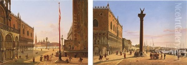 Venice, A View Of The Piazzetta Looking South From Piazza San Marco; Venice, A View Of The Palazzo Ducale Looking East Down The Riva Degli Schiavoni Oil Painting by Frans Vervloet