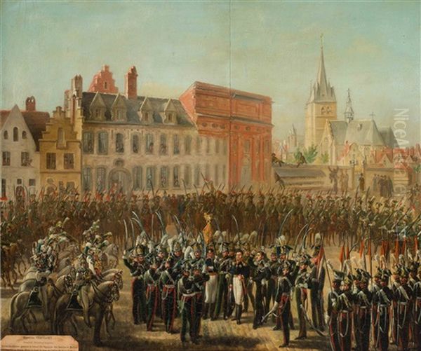 Le Roi Guillaume Passant La Revue Du Regiment Des Lanciers A Malines Sur Le Marche Au Betail. Dans Le Fond, La Tour Et L'eglise De Saint-jean Oil Painting by Frans Vervloet