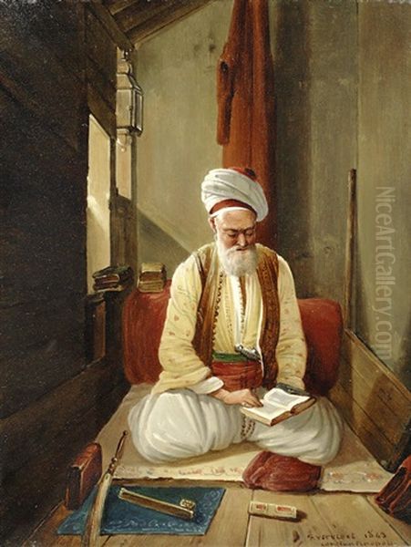 A Turkish Man Reading Oil Painting by Frans Vervloet