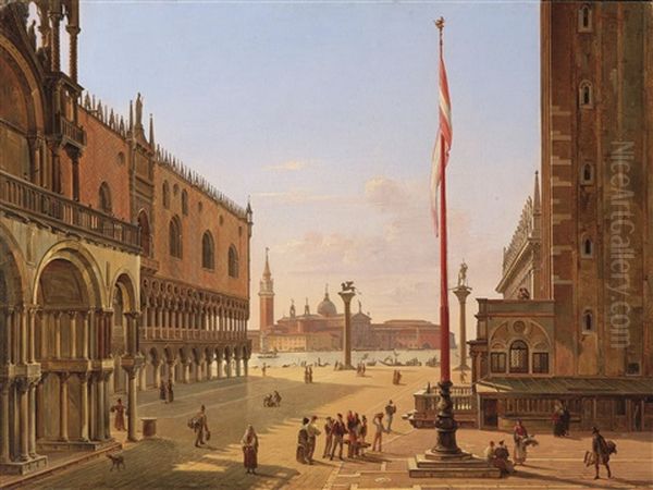 Venice, A View Of Saint Mark's Square; Venice, A View Of The Palazzo Ducale And The Riva Degli Schiavoni (pair) Oil Painting by Frans Vervloet