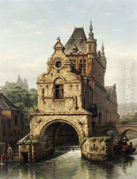 Blick Auf Einen Kanal Und Ein Gebaude In Einer Flamischen Stadt Oil Painting by Victor Vervloet