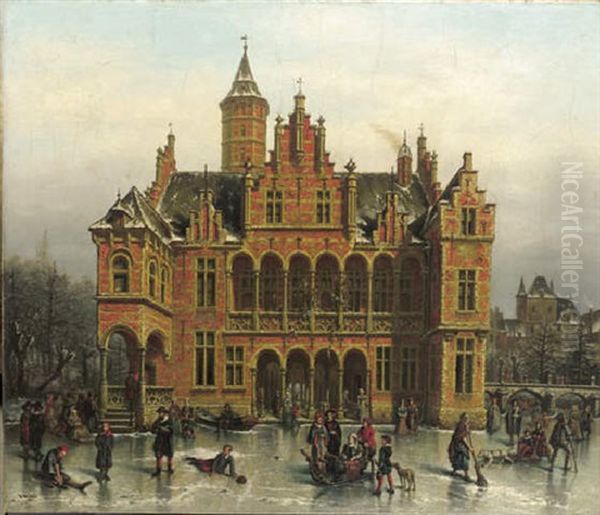 Winterscene With Skaters In Front Of A Grand Hall Oil Painting by Victor Vervloet