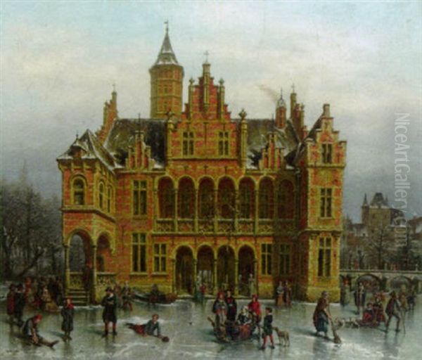 Winter Scene With Skaters In Front Of A Grand Hall Oil Painting by Victor Vervloet