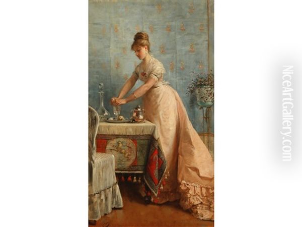 A Narrative Study Showing A Lady In Contemplation Whilst Squeezing A Lemon Into A Glass Oil Painting by Charles Louis Verwee