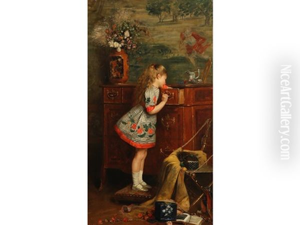 A Narrative Study Showing A Young Girl Climbing On A Stool To Look Into A Drawer Oil Painting by Charles Louis Verwee