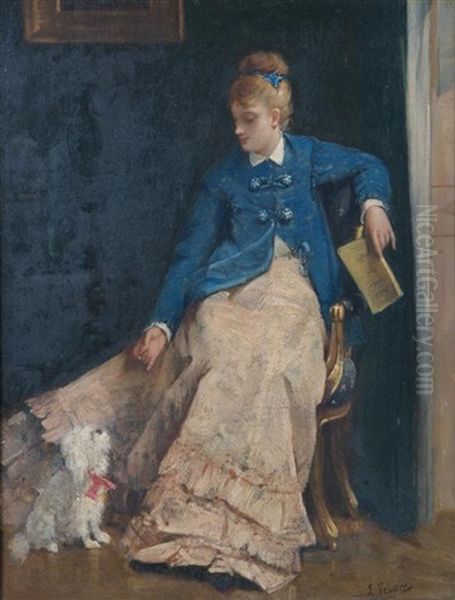 A Lady With Dog Oil Painting by Charles Louis Verwee