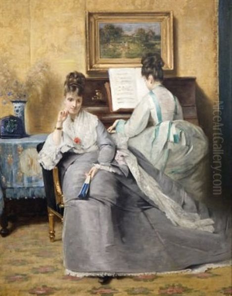 Jeunes Filles Au Salon De Musique Oil Painting by Louis Charles Verwee