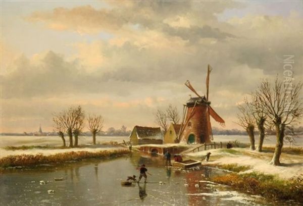 Winter By The Mill Oil Painting by Louis Pierre Verwee