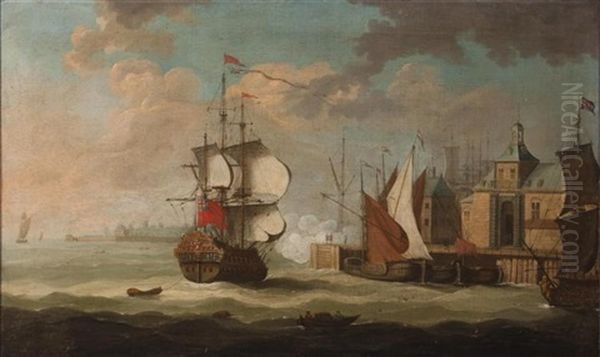 English Ship At Dutch Port Oil Painting by Abraham de Verwer