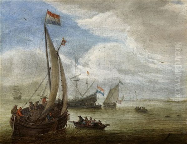 Sailing Ships In A Bay Oil Painting by Abraham de Verwer