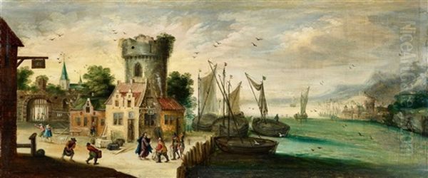 A Panoramic Harbour Scene Oil Painting by Abraham de Verwer