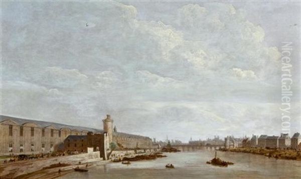 Blick Auf Die Grande Galerie Des Musee Du Louvre In Paris, Mit Der Seine, Der Porte Neuve, Der Tour Du Bois Und Dem Pont Neuf Oil Painting by Abraham de Verwer