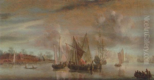 A Calm: Wijdshops And A Threemaster At Anchor In A River Estuary, At Sunset Oil Painting by Abraham de Verwer