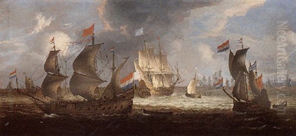 Dutch Men-of-war And Other Shipping Off Amsterdam Oil Painting by Abraham de Verwer