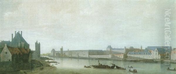 La Seine Vue De L'aval Depuis La Partie Sud Du Pont-neuf, Au Soleil Couchant Oil Painting by Abraham de Verwer