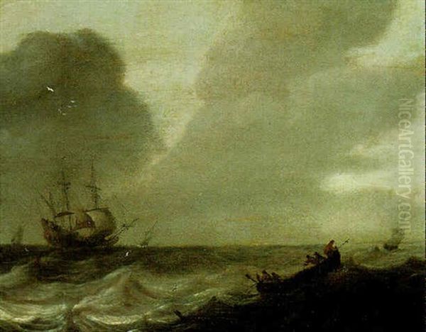 A Rowing Boat In Choppy Waters, A Man-o'-war Beyond Oil Painting by Abraham de Verwer