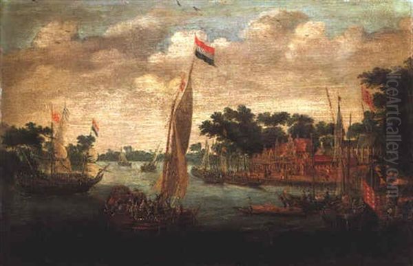 A Dutch States Yacht With Numerous Smalschips And Barges On A River Estuary Beside A Village Oil Painting by Abraham de Verwer