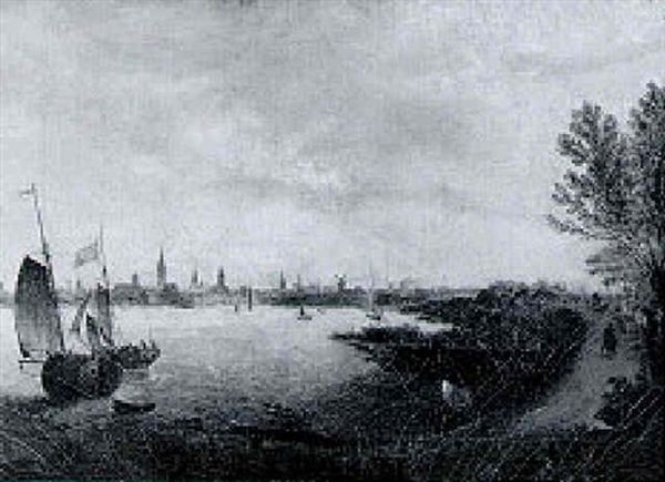 A River Landscape With Dutch Shipping And A Horseman On A Path In The Foreground, A City Beyond Oil Painting by Abraham de Verwer