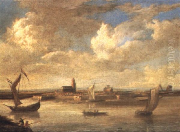 A Fortified Coastal Town With Shipping In An Estuary Oil Painting by Abraham de Verwer