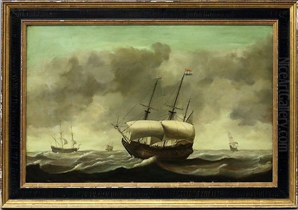 Hollandische Kriegs- Und Kauffahrteischiffe Auf Bewegter See Unter Wolkenreichem Himmel Oil Painting by Justus Verwer