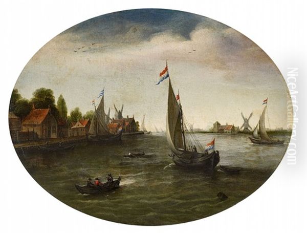 River Landscape With Sailing Boats Oil Painting by Justus Verwer