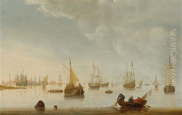 A Harbour Scene With Fishers Oil Painting by Justus Verwer