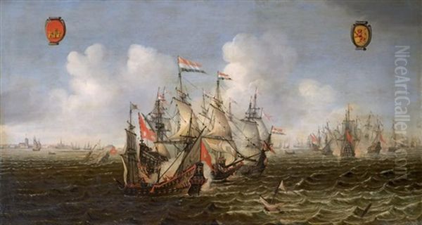 La Bataille Navale Anglo-hollandaise Remportee Par L'amiral Neerlandais Maarten Harpertszoon Tromp En Devant Ter Heide Devant Ter Heide Oil Painting by Justus Verwer