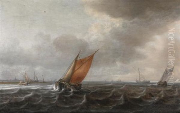 A River Estuary With Light Shipping In A Strong Breeze, A View Of Haarlem Beyond Oil Painting by Justus Verwer