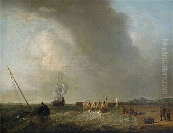 Stark Bewolkte Kustenlandschaft Mit Booten Auf Bewegter See Oil Painting by Justus Verwer