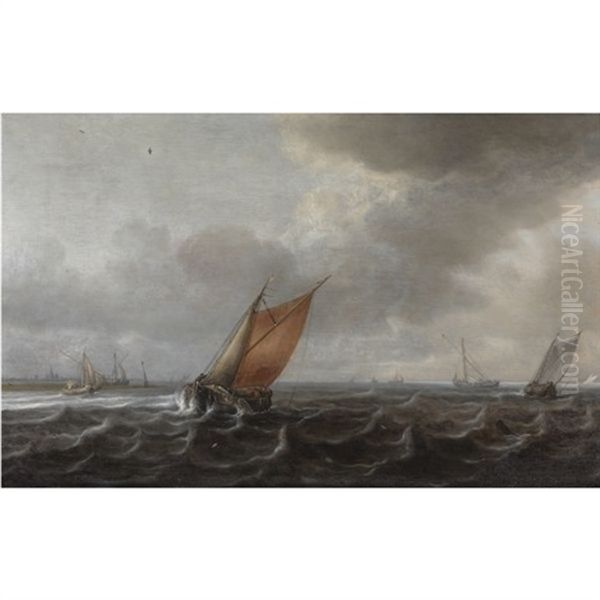 A River Estuary With Light Shipping In A Strong Breeze Oil Painting by Justus Verwer